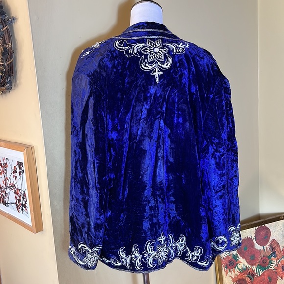 Vintage Blue Velvet Size Large Beaded Pearls Blazer Topper USA Made Event NYEve - Picture 8 of 12